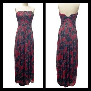 Halston strapless mesh chiffon pleated gown 2 floral red gray black maxi small